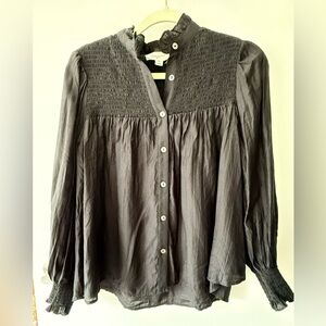 Pomander Place black Button-Up Blouse with smocking and collar